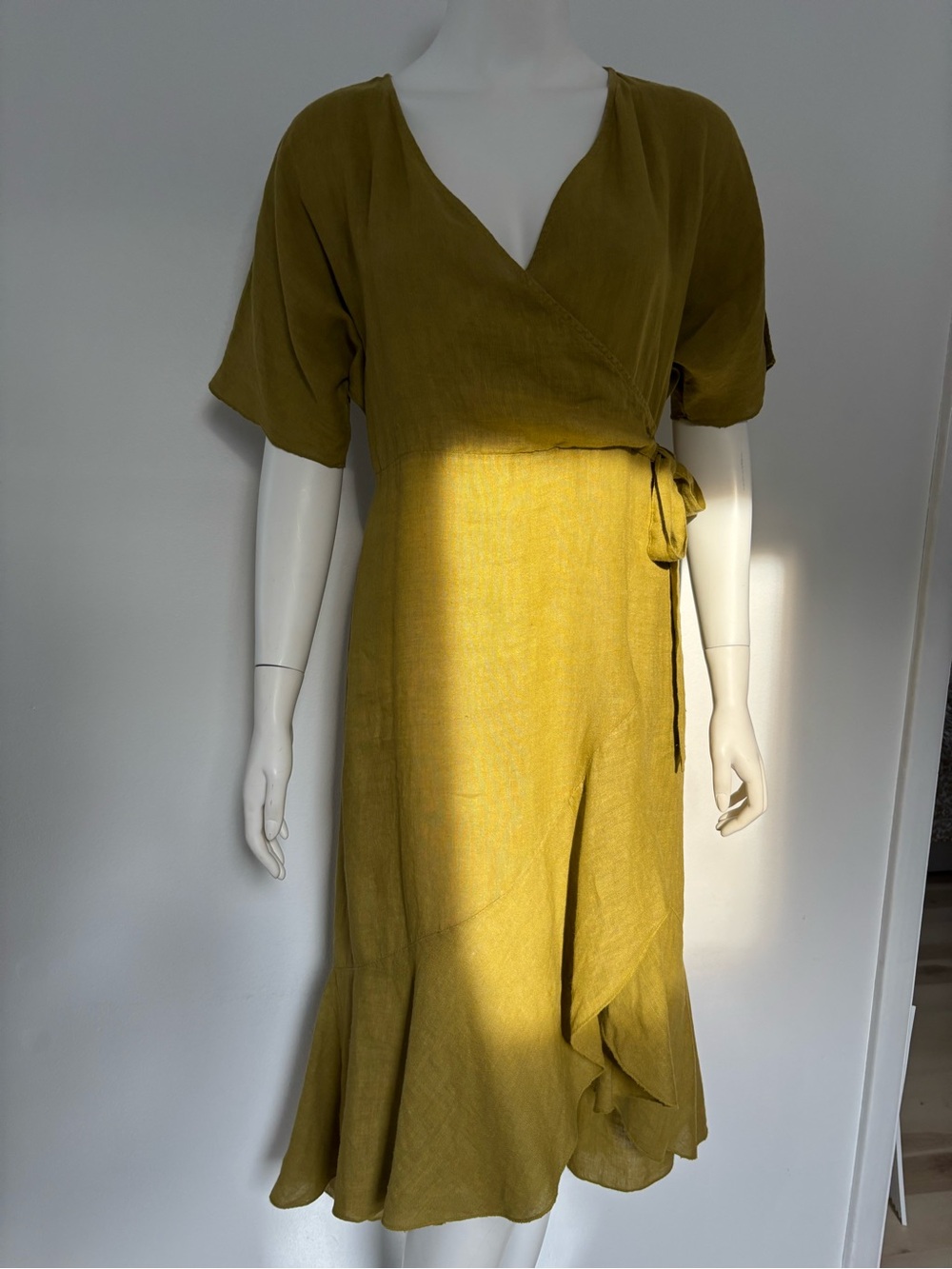 Tie-Waist Wrap Midi 100% Linen  Italy Dress in Olive Green